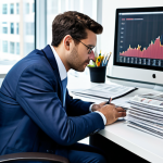 A focused professional male real estate agent in a neat business suit, fully clothed, appropriate attire, sitting at a contemporary desk in a well-lit modern office. He is surrounded by stacks of financial newspapers, an open laptop displaying intricate market trend graphs and charts, and several data reports. His hands are resting on the desk, suggesting careful consideration of the information. The scene emphasizes deep data analysis and expertise. Perfect anatomy, correct proportions, natural pose, well-formed hands, proper finger count, natural body proportions. Safe for work, appropriate content, modest, family-friendly, professional photography, high quality, studio lighting.