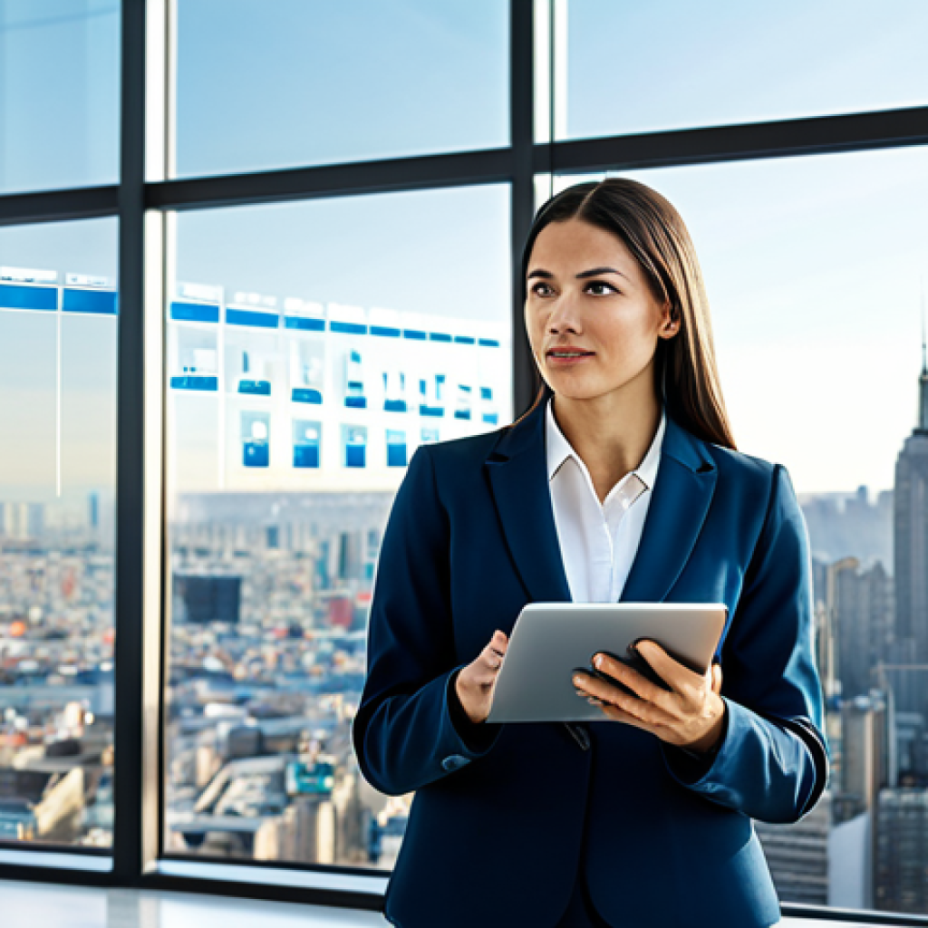 A professional female real estate expert, in a modest business suit, stands confidently in a modern, brightly lit office. She gestures towards a transparent holographic display showing dynamic real estate market data, including interactive charts and a detailed city map with property overlays. A sleek digital tablet is in her other hand. Her expression is focused and knowledgeable, conveying trust and deep expertise in a rapidly changing market. The background features a large window with a blurred, thriving cityscape, symbolizing market evolution.