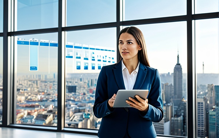 A professional female real estate expert, in a modest business suit, stands confidently in a modern, brightly lit office. She gestures towards a transparent holographic display showing dynamic real estate market data, including interactive charts and a detailed city map with property overlays. A sleek digital tablet is in her other hand. Her expression is focused and knowledgeable, conveying trust and deep expertise in a rapidly changing market. The background features a large window with a blurred, thriving cityscape, symbolizing market evolution.