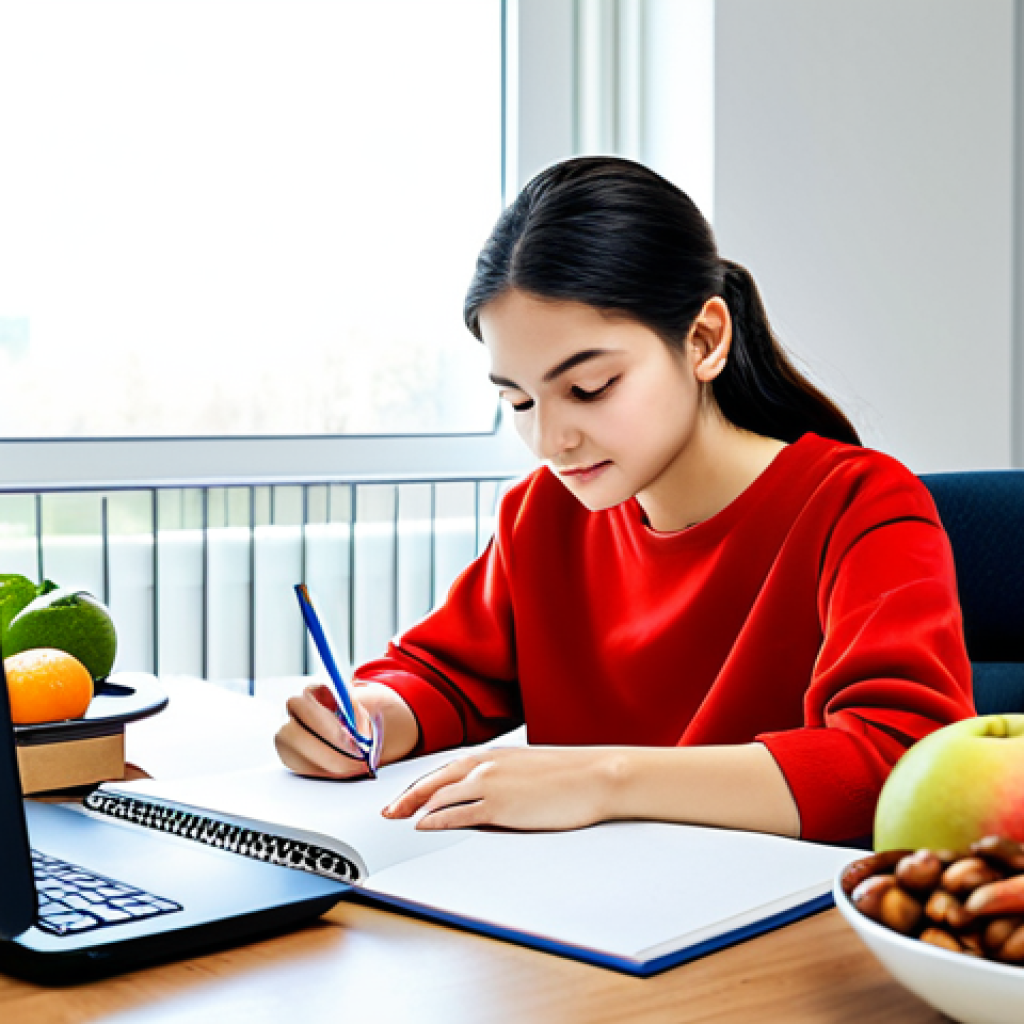 Healthy Study Habits**

A student fully clothed in comfortable, modest clothing, studying diligently at a well-lit desk with healthy snacks (fruits and nuts) nearby, professional, appropriate attire, safe for work, perfect anatomy, natural proportions, focus on the study materials and positive environment, family-friendly.

**