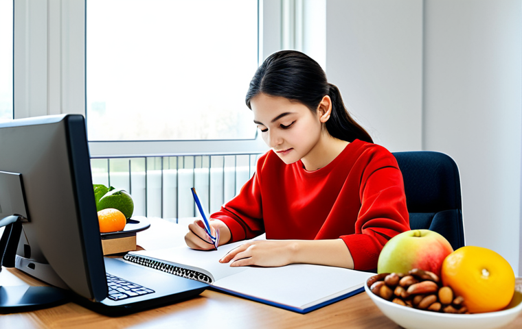Healthy Study Habits**

A student fully clothed in comfortable, modest clothing, studying diligently at a well-lit desk with healthy snacks (fruits and nuts) nearby, professional, appropriate attire, safe for work, perfect anatomy, natural proportions, focus on the study materials and positive environment, family-friendly.

**