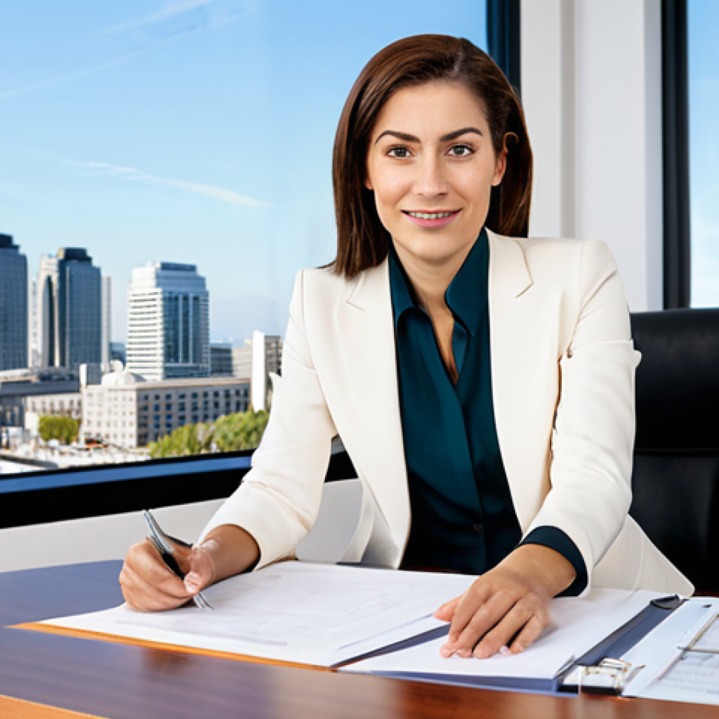 Real Estate Professional at Work**

"A professional real estate agent, fully clothed in a modest business suit, is working at a modern desk in a bright, contemporary office. She is reviewing documents with a confident expression. The office includes large windows with a city view. Safe for work, appropriate content, perfect anatomy, natural proportions, professional, high quality, well-formed hands, proper finger count."

**