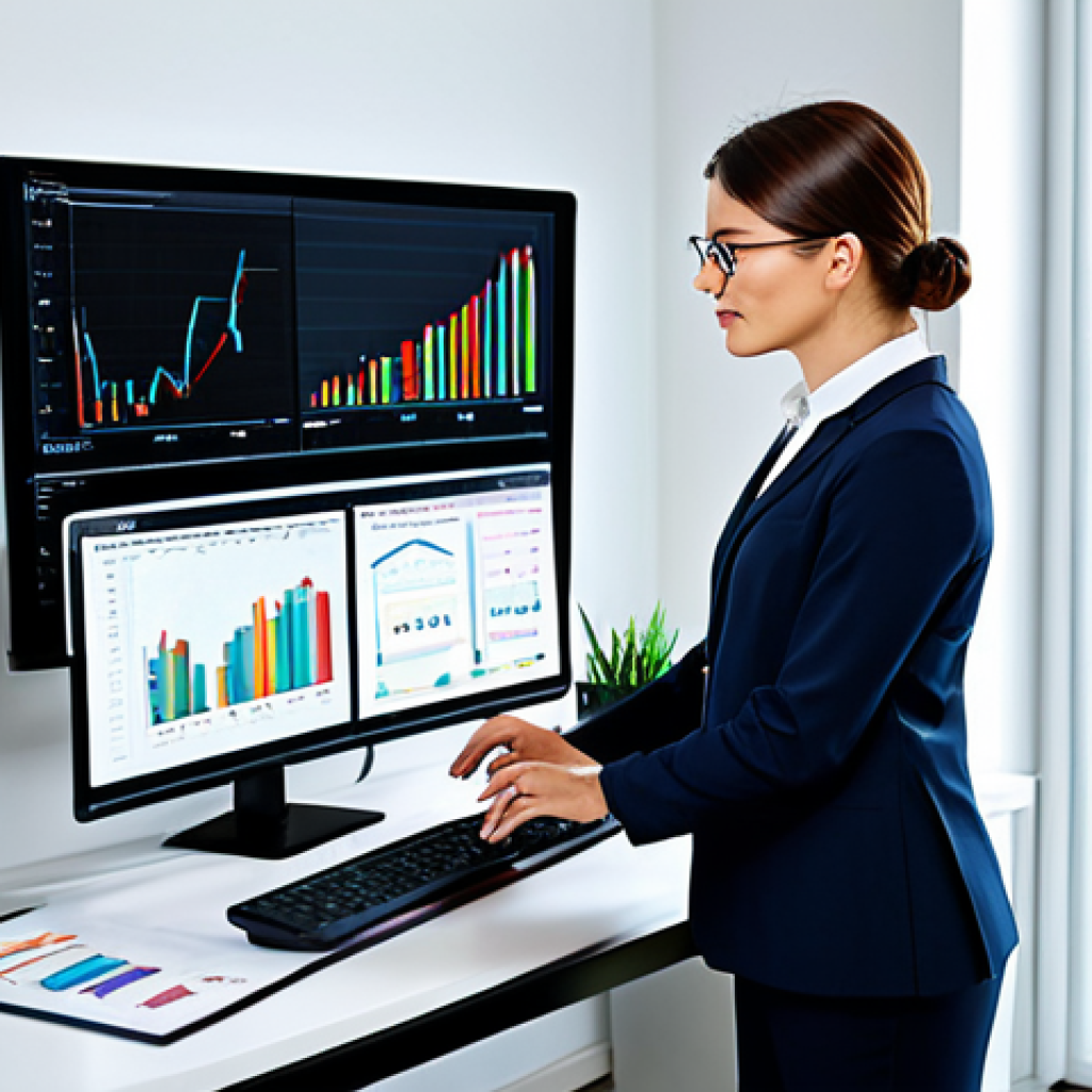 **

"A modern real estate agent analyzing data on a computer screen, charts and graphs displayed, in a bright office, professional attire, fully clothed, safe for work, appropriate content, perfect anatomy, correct proportions, natural pose, high-quality rendering, professional, modest"

**