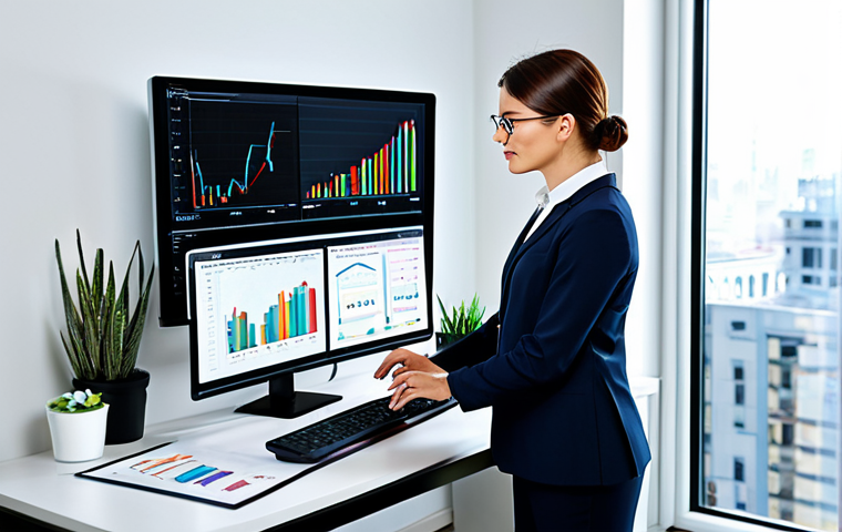 **

"A modern real estate agent analyzing data on a computer screen, charts and graphs displayed, in a bright office, professional attire, fully clothed, safe for work, appropriate content, perfect anatomy, correct proportions, natural pose, high-quality rendering, professional, modest"

**