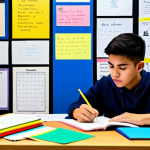 **Subject:** A student studying diligently at a desk covered with custom-designed posters.
    **Clothing/Appearance:** Fully clothed in casual, comfortable attire suitable for studying.
    **Environment:** A bright, organized study room filled with various colorful posters displaying study notes and motivational messages.
    **Details:** Some posters are handwritten, some are digitally printed, showcasing key concepts and mind maps.
    **Quality Modifiers:** High-resolution, vibrant colors, well-lit, professional quality.
    **Safety:** safe for work, appropriate content, fully clothed, family-friendly, perfect anatomy, correct proportions, natural pose, well-formed hands, proper finger count, natural body proportions.
