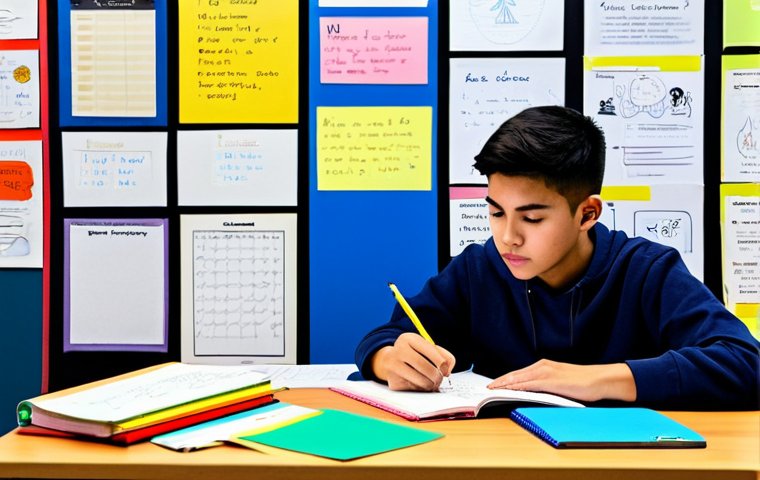 **Subject:** A student studying diligently at a desk covered with custom-designed posters.
    **Clothing/Appearance:** Fully clothed in casual, comfortable attire suitable for studying.
    **Environment:** A bright, organized study room filled with various colorful posters displaying study notes and motivational messages.
    **Details:** Some posters are handwritten, some are digitally printed, showcasing key concepts and mind maps.
    **Quality Modifiers:** High-resolution, vibrant colors, well-lit, professional quality.
    **Safety:** safe for work, appropriate content, fully clothed, family-friendly, perfect anatomy, correct proportions, natural pose, well-formed hands, proper finger count, natural body proportions.