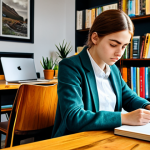 **

A focused student surrounded by study materials (books, notes, laptop) in a cozy cafe. They are fully clothed in comfortable, modest attire. The scene emphasizes concentration and a personalized study environment. Safe for work, appropriate content, professional, perfect anatomy, natural proportions.

**