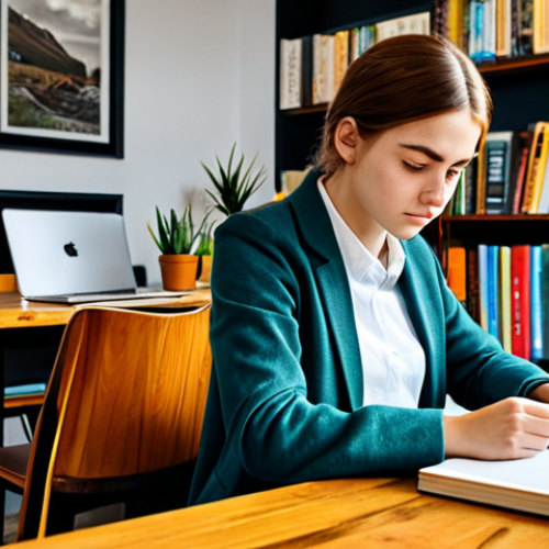 **

A focused student surrounded by study materials (books, notes, laptop) in a cozy cafe. They are fully clothed in comfortable, modest attire. The scene emphasizes concentration and a personalized study environment. Safe for work, appropriate content, professional, perfect anatomy, natural proportions.

**