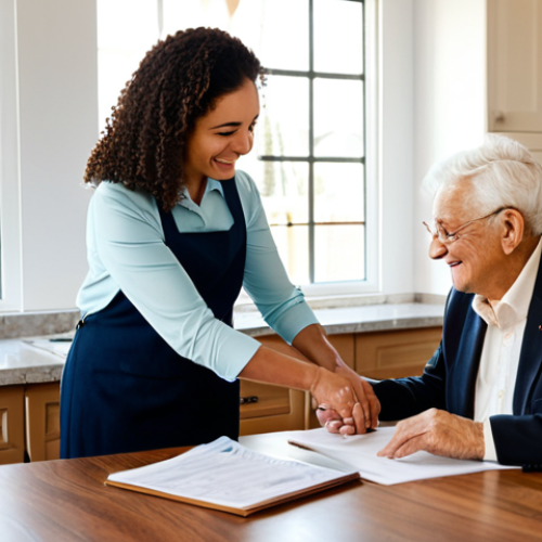 The Caring Realtor**

A friendly, professional-looking real estate agent (fully clothed in a modest business casual outfit) is helping an elderly woman (also fully clothed) review documents at a bright kitchen table. The scene is warm and inviting, with sunlight streaming through the window. Background shows a comfortable, well-kept home. Perfect anatomy, correct proportions, well-formed hands, proper finger count, natural pose, safe for work, appropriate content, family-friendly.

**
