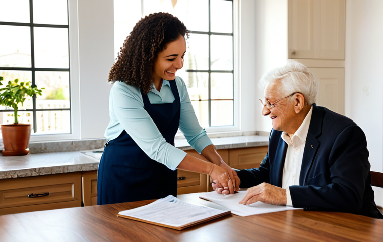 The Caring Realtor**

A friendly, professional-looking real estate agent (fully clothed in a modest business casual outfit) is helping an elderly woman (also fully clothed) review documents at a bright kitchen table. The scene is warm and inviting, with sunlight streaming through the window. Background shows a comfortable, well-kept home. Perfect anatomy, correct proportions, well-formed hands, proper finger count, natural pose, safe for work, appropriate content, family-friendly.

**