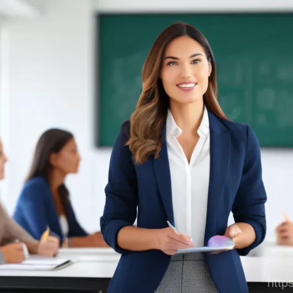 공인중개사 실무 중심 교육 - A professional female real estate agent in her late 30s, dressed in a sharp blazer and blouse, stand...