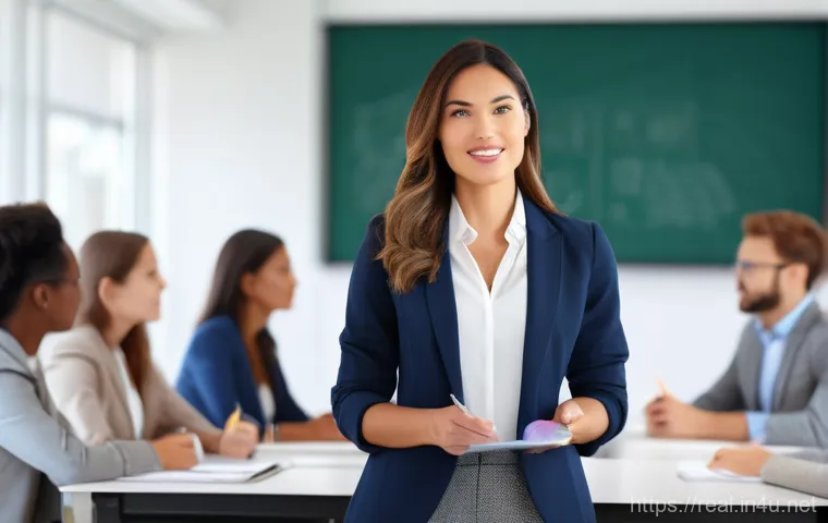 공인중개사 실무 중심 교육 - A professional female real estate agent in her late 30s, dressed in a sharp blazer and blouse, stand...