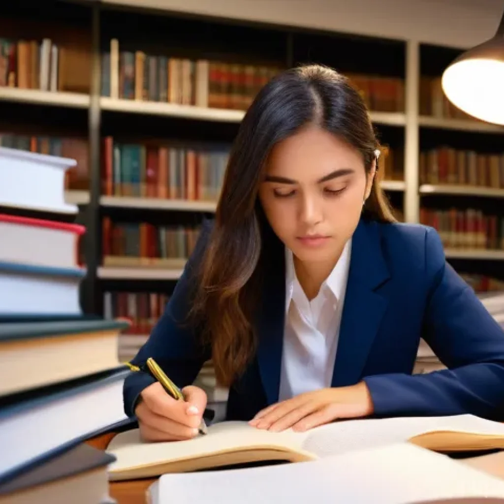 공인중개사 시험에 대한 개인적인 생각 - A focused young woman in her late 20s, with determined eyes, is studying intensely at a desk clutter...