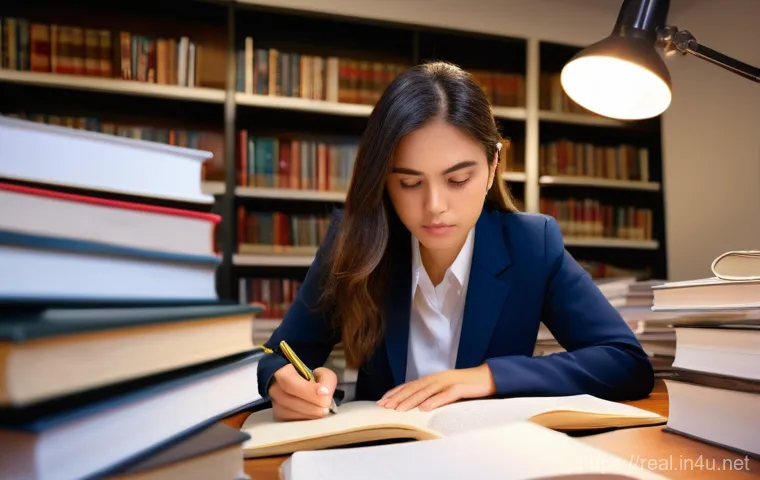 공인중개사 시험에 대한 개인적인 생각 - A focused young woman in her late 20s, with determined eyes, is studying intensely at a desk clutter...