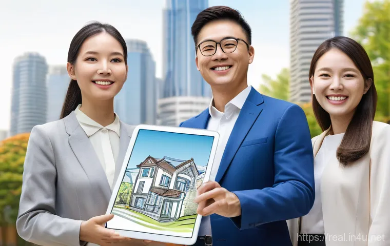 공인중개사 시험에 대한 개인적인 생각 - In a sleek, modern office with large windows overlooking a bustling city skyline, a confident female...