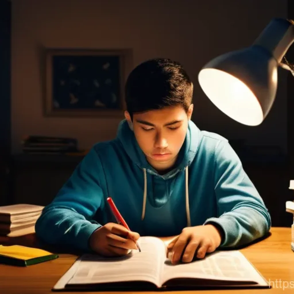 공인중개사 시험 응시자 평균 점수 분석 - **Image Prompt:** A young adult, looking exhausted but determined, sits hunched over a desk overflow...