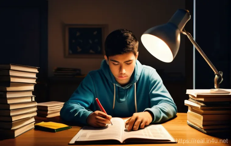공인중개사 시험 응시자 평균 점수 분석 - **Image Prompt:** A young adult, looking exhausted but determined, sits hunched over a desk overflow...