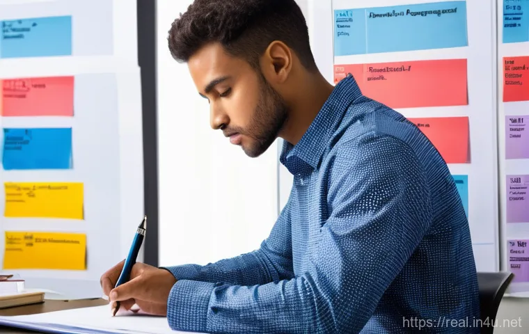 공인중개사 시험 응시자 평균 점수 분석 - **Image Prompt:** A young adult, looking exhausted but determined, sits hunched over a desk overflow...