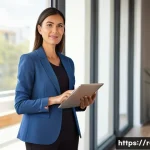 공인중개사 부동산 매물 관리 요령 - A professional female real estate agent, in her late 30s to early 40s, dressed in smart business cas...