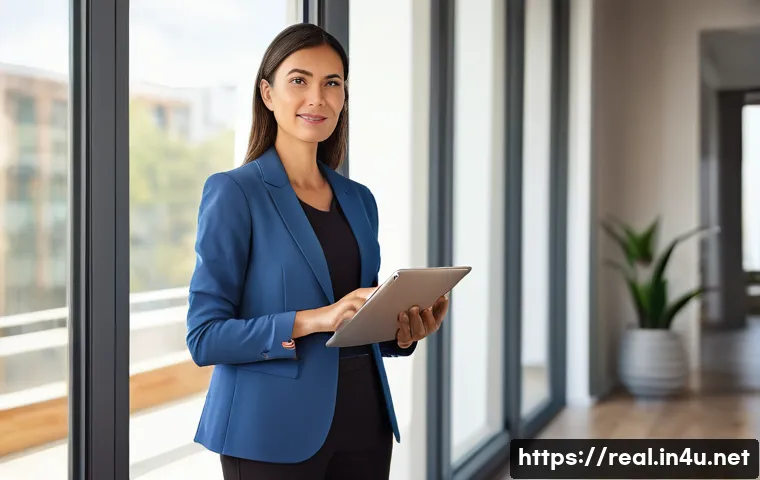 공인중개사 부동산 매물 관리 요령 - A professional female real estate agent, in her late 30s to early 40s, dressed in smart business cas...