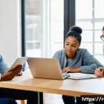 공인중개사 시험 준비 단계별 전략 - A diverse group of adult learners, including a young professional in business casual attire studying...