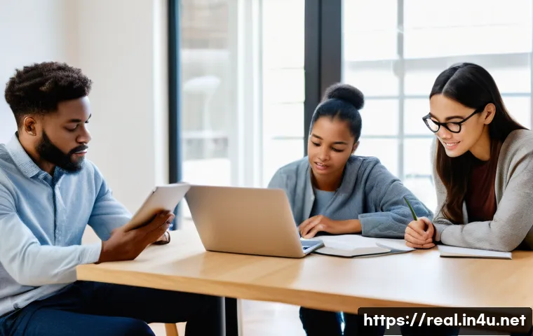 공인중개사 시험 준비 단계별 전략 - A diverse group of adult learners, including a young professional in business casual attire studying...